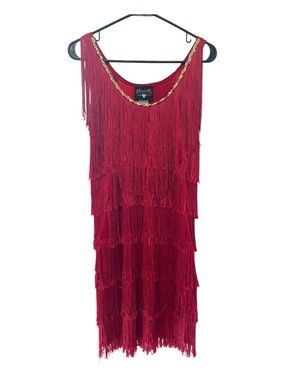 2007 Release Charades Red Fringe Midi Dress with Gold Trim Flapper Costume S